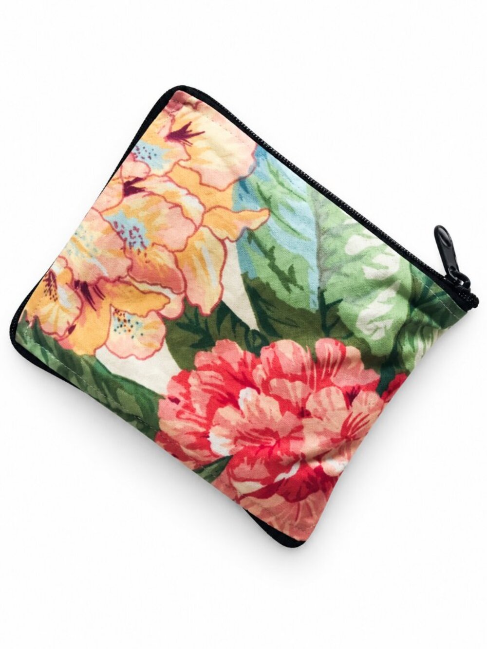 Black Packable Tote Bag with Floral Zip Storage Pouch